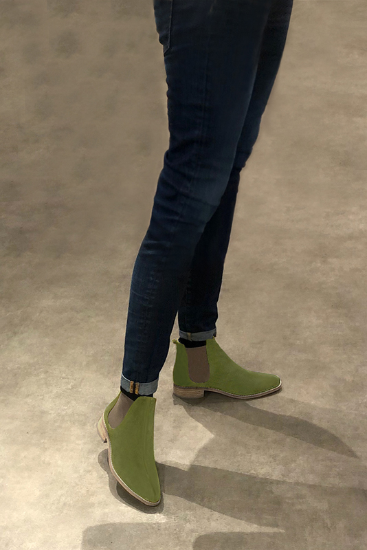 Pistachio green and taupe brown women's ankle boots, with elastics. Round toe. Flat leather soles. Worn view - Florence KOOIJMAN